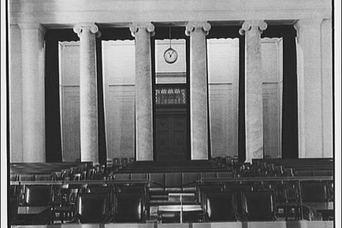 The courtroom of the U.S. Supreme Court seen from the justices’ chairs